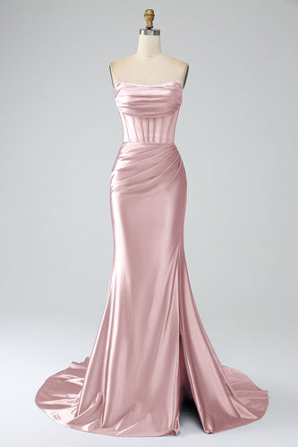 Blush Pink Mermaid Strapless Pleated Corset Long Prom Dress with Slit
