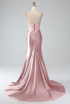 Blush Pink Mermaid Strapless Pleated Corset Long Formal Dress with Slit