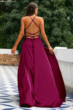 A-Line Spaghetti Straps Backless Long Satin Formal Dress with Slit