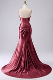 Fuchsia Strapless Satin Mermaid Corset Long PLus Size Prom Dress with Slit