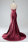 Blush Pink Mermaid Strapless Pleated Corset Long Formal Dress with Slit