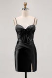 Royal Blue Satin Bodycon Ruched Short Corset Cocktail Dress with Slit