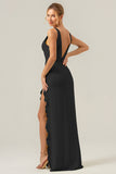 Lime Sheath Deep V Neck Backless Long Bridesmaid Dress with Ruffle Slit