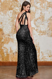 Glitter Black Mermaid One Shoulder Sequins Formal Dress With Slit