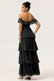 Candy Pink A Line Off the Shoulder Tiered  Pleated Long Bridesmaid Dress with Slit
