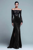 Off The Shoulder Mermaid Lace Velvet Black Formal Dress With Slit