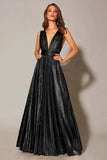 Golden Metallic A Line Pleated Formal Dress