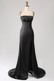 Dark Green Mermaid Spaghetti Straps Satin Formal Dress with Slit