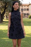 Hot Pink High Neck A-Line Short Formal Dress with 3D Flowers