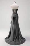 Sparkly Burgundy Mermaid Strapless Ruffled Corset Satin Long Formal Dress with Slit