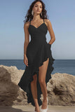 Black Chiffon Spaghetti Straps Ruffled Asymmetrical A Line Graduation Dress