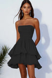 Black Chiffon Strapless Ruffled Tiered Short Cocktail Dress