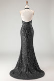 Sparkly Burgundy Mermaid Halter Sequin Long Prom Dress with Slit