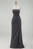 Light Pink Strapless Sheath Ruched Long Formal Dress with Slit