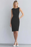 Black Satin Bodycon Round Neck Ruched Midi Work Dress