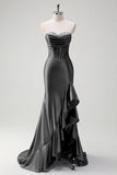 Sparkly Burgundy Mermaid Strapless Ruffled Corset Satin Long Formal Dress with Slit