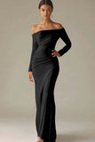 White Mermaid Off the Shoulder Long Sleeves Ruched Satin Long Formal Dress