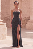 Light Pink Strapless Sheath Ruched Long Formal Dress with Slit