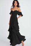 Black Ruffled Pleated Off the Shoulder A Line Formal Dress