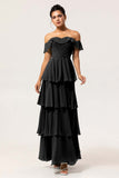 Candy Pink A Line Off the Shoulder Tiered  Pleated Long Bridesmaid Dress with Slit