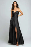 Sliver A Line Metallic Pleated Long Formal Dress With Slit