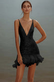 Sparkly White Bodycon V Neck Sequin Ruffled Short Graduation Dress