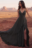 Ivory Spaghetti Straps A Line Ruffled Boho Wedding Dress with Slit