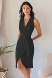 Black Bodycon Satin V Neck Midi Work Dress with Sash