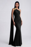 Olive Mermaid One Shoulder Long Formal Dress with Side Cape