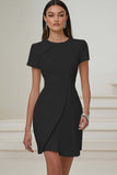 Ivory Satin A Line Pleated Short Work Dress with Short Sleeves