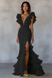 Yellow Chiffon V-Neck Long Mermaid Ruffles Formal Dress with Slit