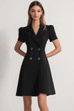 Navy Peak Lapel Double Breasted Satin Short Sleeves Work Dress