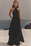 Black Chiffon Sheath Halter Long Boho Formal Dress