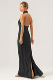 Champagne Sheath Halter Long Bridesmaid Dress With Slit