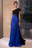 Brown Black Crepe Sheath Ruched One Shoulder Gala Dress