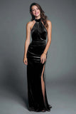 Halter Burgundy Velvet Sheath Ruched Formal Dress with Slit