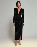 Olive Sheath V-Neck Ruched Velvet Long Formal Dress with slit