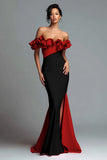 Black and Red Mermaid Ruffled Satin Long Formal Dress with Slit