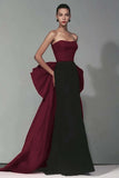 Black and Red Strapless Sheath Maxi Formal Dress with Bow