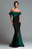 Black and Red Mermaid Ruffled Satin Long Formal Dress with Slit