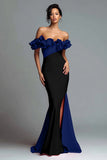 Black and Red Mermaid Ruffled Satin Long Formal Dress with Slit