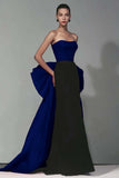 Black and Red Strapless Sheath Maxi Formal Dress with Bow