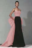 Black and Red Strapless Sheath Maxi Formal Dress with Bow