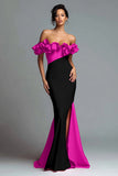 Black and Red Mermaid Ruffled Satin Long Formal Dress with Slit
