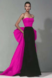 Black and Red Strapless Sheath Maxi Formal Dress with Bow