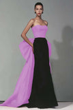 Black and Red Strapless Sheath Maxi Formal Dress with Bow