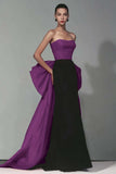 Black and Red Strapless Sheath Maxi Formal Dress with Bow