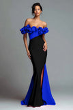 Black and Red Mermaid Ruffled Satin Long Formal Dress with Slit