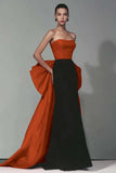 Black and Red Strapless Sheath Maxi Formal Dress with Bow