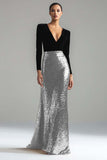 Sparkly Gold and Black V-Neck Sheath Long Formal Dress